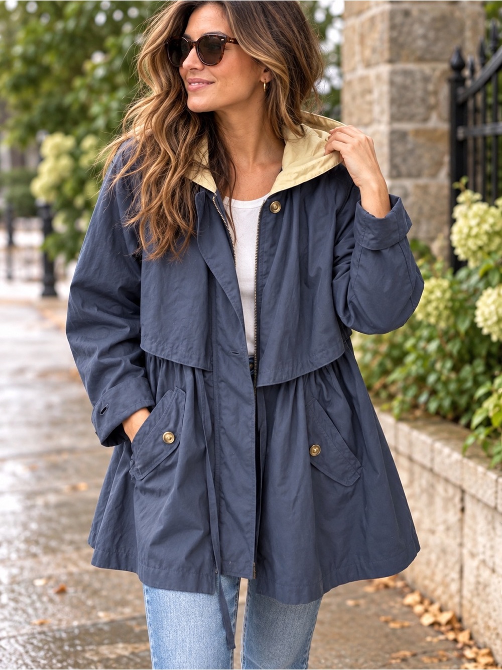 Vintage F.S. Limited Navy Hooded Raincoat Jacket XL Cape Yoke Drawstring